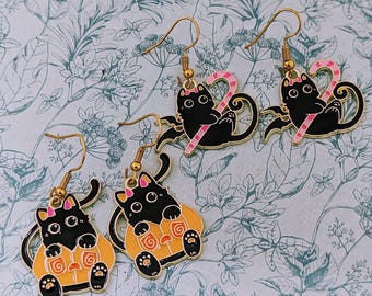 Black Halloween cat earrings, Halloween jewelry, pumpkin cat earrings, pumpkin jewellery, Halloween gifts, cat jewellery, black cat lovers,
