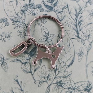 Puede incluir: Llavero de plata con un dije de plata con la silueta de un perro y un dije de plata con la letra D. El llavero está sobre un fondo con estampado floral.