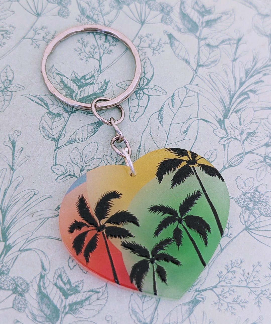 Palm Tree Keychain, Flower Keyring, Heart Keychain, Heart