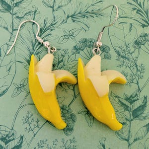 Novelty banana earrings, banana themed jewellery, banana style gifts, fruit earrings, novelty food gifts, banana lover gifts, fruit lovers