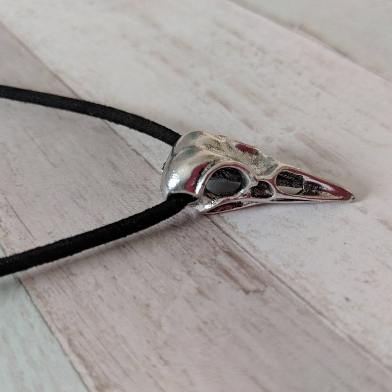 Pu&ograve; includere: Un ciondolo a forma di teschio di uccello argentato su una collana con cordoncino nero.