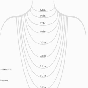 May include: A diagram illustrating necklace lengths, ranging from 14 inches to 33 inches, with corresponding measurements. The image includes text indicating collar and choker lengths in both inches and centimeters.