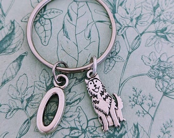 May include: A silver key chain with a silver charm of a dog and a silver charm of the letter O.