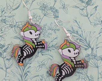 Skeleton unicorn earrings, skeleton themed gifts, unicorn lover gifts, day of the dead gifts, gothic unicorn earrings, gothic gifts,