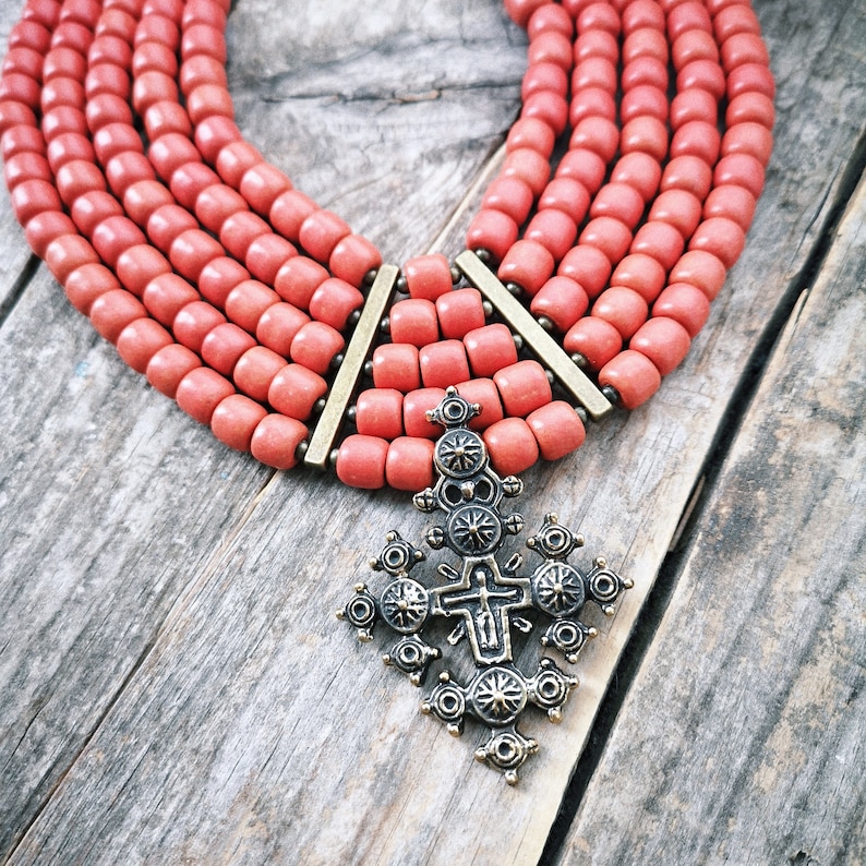 Ukrainian cross necklace ceramic beads folk jewelry. Etsy