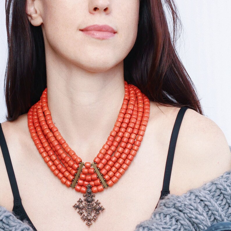 Ukrainian cross necklace ceramic beads folk jewelry. | Etsy