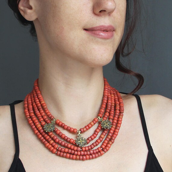 Terracota Ceramic Bead Necklace With Hutsul Cross | Etsy