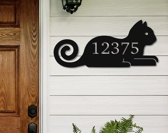 Custom Cat House Number die cut metal sign powder coated in black or white