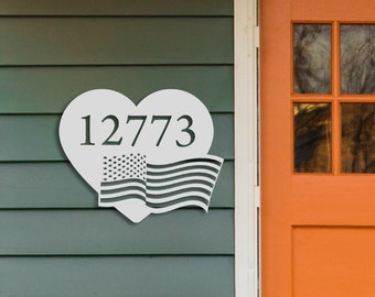 Metal House Numbers in a Heart with American Flag