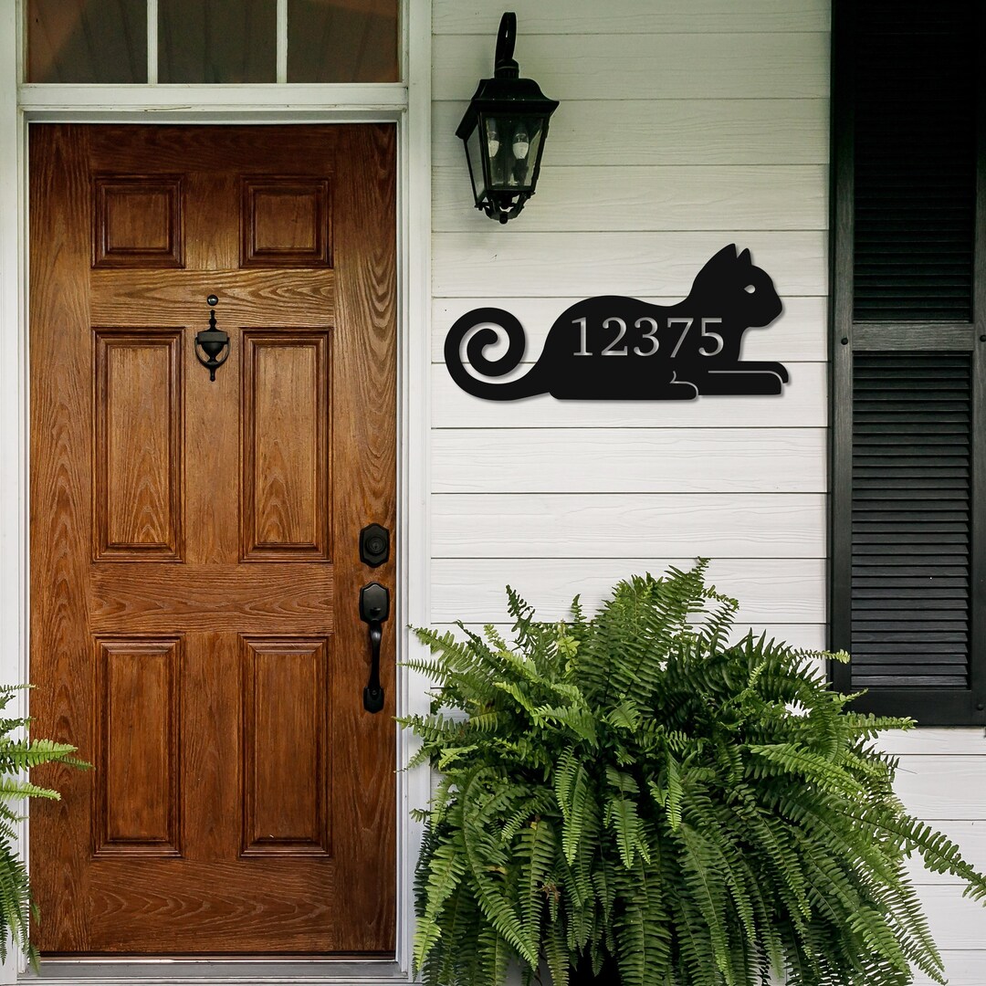Custom Cat House Number Die Cut Metal Sign Powder Coated in Black or
