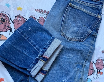 Vintage 60’s/70’s Big Smith Buckaroo Sanforized Jeans, 29x33 Well Worn Repairs Orange/Yellow Stitching