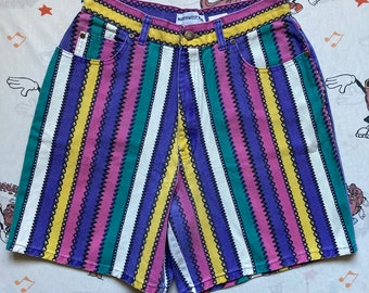 Vintage 80’s Northwest Blue Colorful Striped Jean Shorts, 29” Waist USA Made Talon Zipper