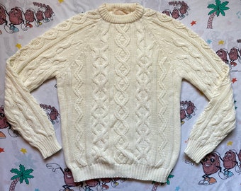 Vintage 70’s Sears Kings Road Cream Acrylic Cable Knit Sweater, size Medium Fisherman