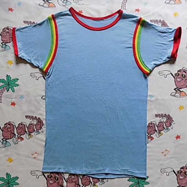 Vintage 70's Sky Blue Ringer T shirt, size Small rainbow piping Soft and Thin plain tee