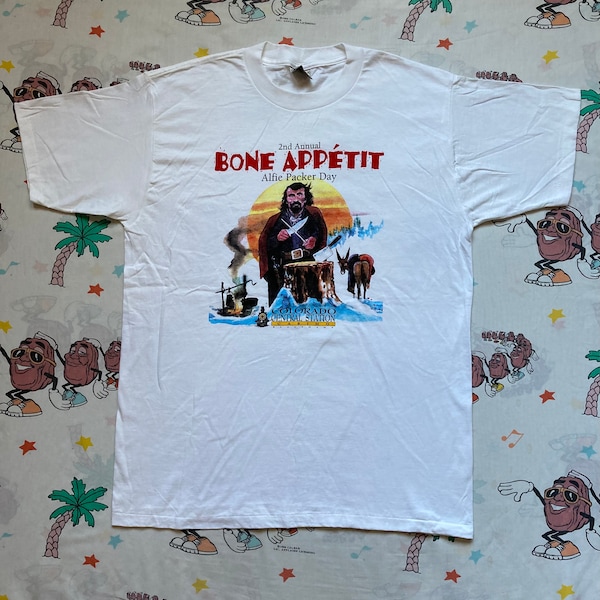 Vintage 90’s Alferd Packer Day Bone Appetit T shirt, size Large Cannibal Funny Satirical Dead Stock