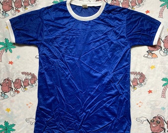 Vintage 80’s Windjammer Blue Nylon Mesh Ringer T shirt, size Medium Dead Stock