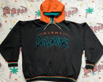 Vintage 90’s Miami Dolphins Starter Hooded Sweatshirt, size Large Boxy NFL Spell Out Dual Hood