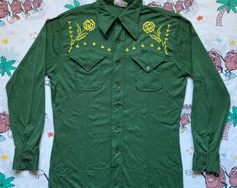 Vintage 70’s Campus Nylon Embroidered Western Style Shirt, size Medium Mens Disco Shirt