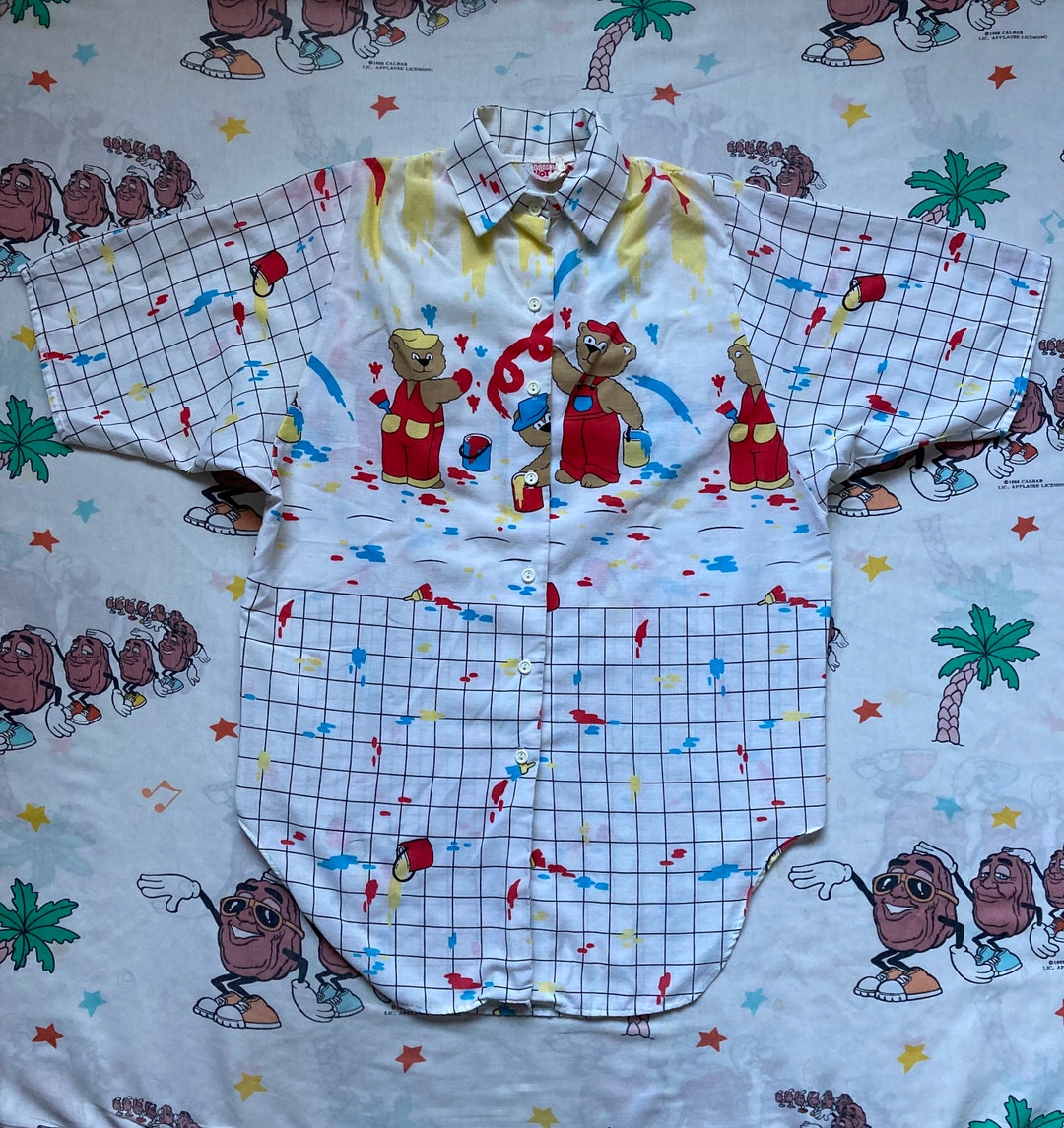 Vintage 80s Teddy Bear Painters Fun Novelty Button up Shirt Etsy