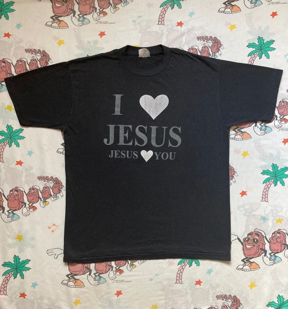 T-shirt Vintage Années 90 'I Love Jesus' - Homme Taille XL Noir - Style Rétro Et Message Religieux