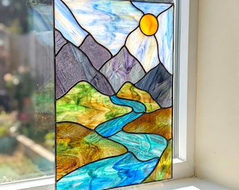 Modèle de vitrail montagne pour panneau de lever de soleil modèle DIY (PDF, PNG, téléchargement numérique Svg)