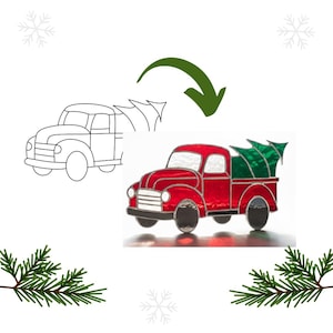 May include: A stained glass Christmas decoration depicting a red vintage pickup truck with a green Christmas tree. The truck has black wheels and silver trim. A line drawing of the truck is also shown.