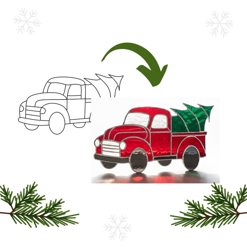 May include: A stained glass Christmas decoration depicting a red vintage pickup truck with a green Christmas tree. The truck has black wheels and silver trim. A line drawing of the truck is also shown.