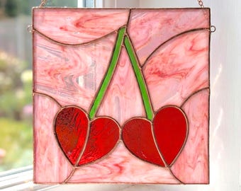 Modèle de vitrail Saint-Valentin pour attrape-soleil coeur cerise modèle DIY (PDF, PNG, téléchargement numérique Svg)