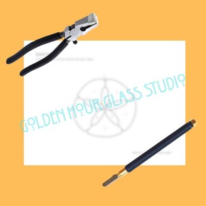 May include: Image of two glass working tools. One is a pair of black-handled pliers with a silver head. The other is a black-handled glass cutter with a gold-coloured tip. The background is white with the text "GOLDEN HOUR GLASS STUDIO".