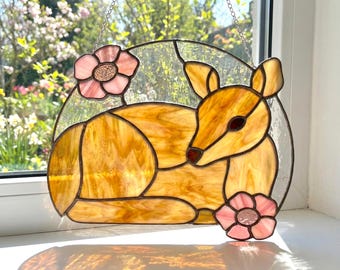 Deer Stained Glass Pattern for Flower Fawn Panel - DIY Sun Catcher Template (PDF, PNG, Svg Digital Download)