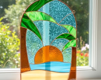 Modèle de vitrail palmier pour attrape-soleil de plage modèle DIY (PDF, PNG, téléchargement numérique Svg)