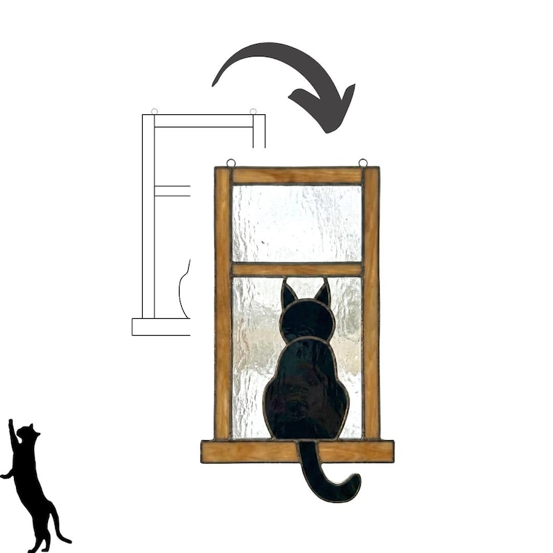 May include: A stained glass window decoration featuring a black cat silhouette gazing out of a window. The window frame is a warm brown, and the glass has a textured appearance. A small black cat silhouette is also shown.