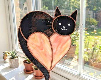 Modèle de vitrail chat pour attrape-soleil coeur modèle DIY (PDF, PNG, téléchargement numérique Svg)