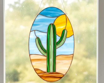 Modèle de vitrail cactus pour attrape-soleil en panneau de cactus modèle DIY (PDF, PNG, téléchargement numérique Svg)