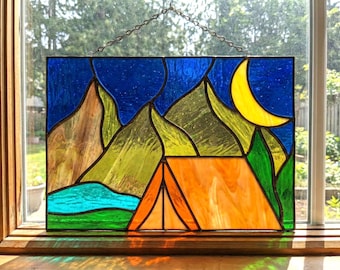 Camping Stained Glass Pattern for Mountain Panel DIY Template (PDF, PNG, Svg Digital Download)