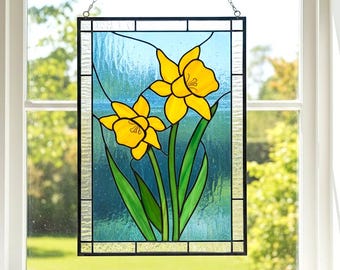 Motif de vitrail jonquille pour panneau de fleurs attrape-soleil modèle DIY (PDF, PNG, téléchargement numérique Svg)