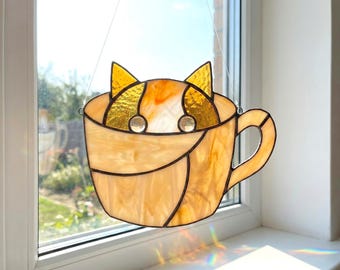 Modèle de vitrail chat pour tasse de thé attrape-soleil modèle DIY (PDF, PNG, téléchargement numérique Svg)