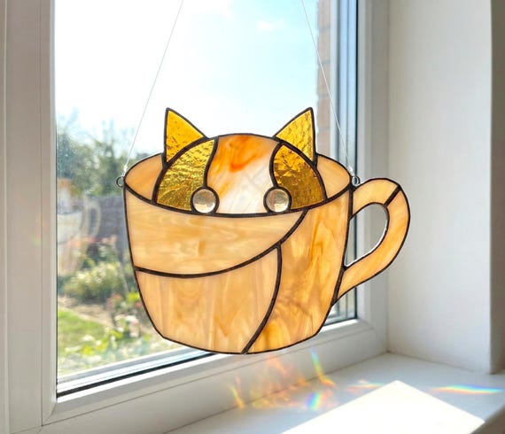Cat Stained Glass Pattern for Teacup Sun Catcher DIY Template (PDF, PNG, Svg Digital Download)