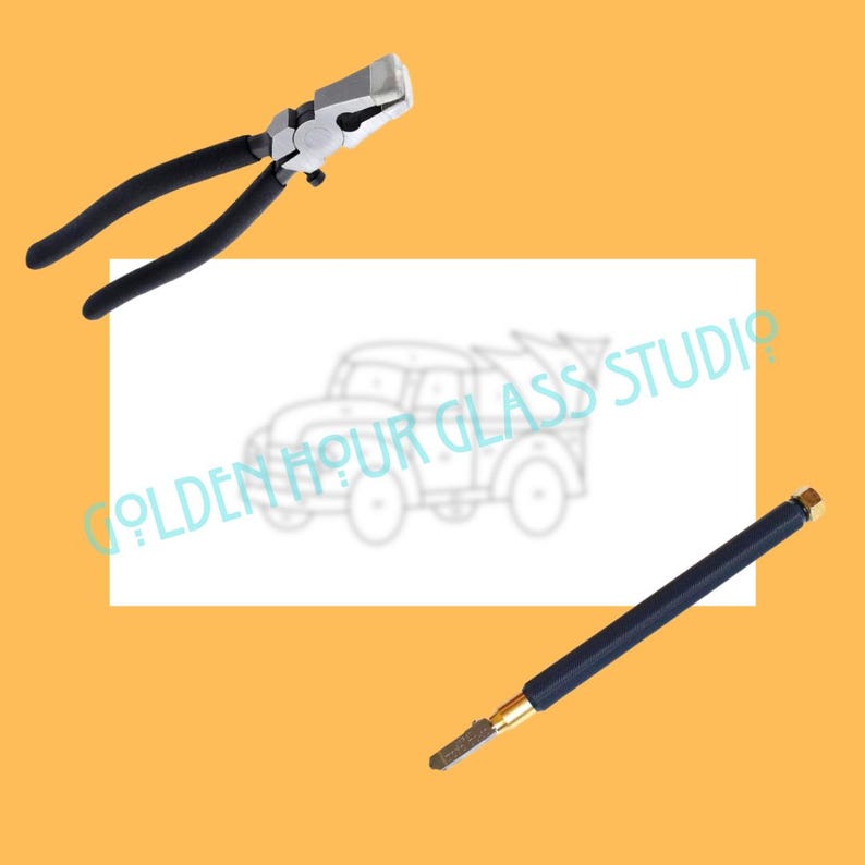 May include: The image shows a pair of black-handled pliers with a silver head and a dark blue glass grinder tool with a gold tip. A white rectangle with a car sketch and the text "GOLDEN HOUR GLASS STUDIO" is in the background.