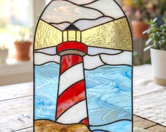 Modèle de vitrail phare pour attrape-soleil océanique modèle DIY (PDF, PNG, téléchargement numérique Svg)