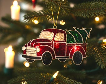 Modèle de décoration de Noël en vitrail pour camion de sapin de Noël modèle DIY (PDF, PNG, téléchargement numérique Svg)