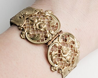 Antique Belt Bracelet, Gilt Woven Mesh, Hinged Bracelet, Rose Embossed, Trellis Openwork, 1900s, Early 20th C, Edwardian, Fine Gifts For Her