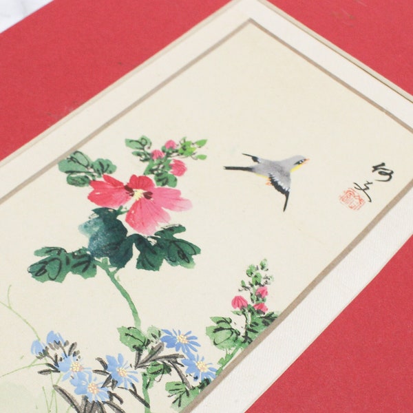 Peinture sur soie vintage, peinture d'oiseau, peinture de fleurs, petit cadeau de peinture orientale, peinture asiatique, bibelots orientaux, objets de voyage