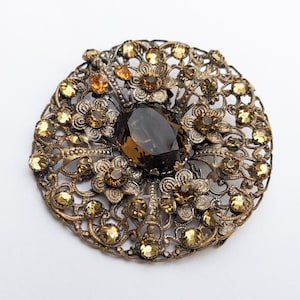 Czech Filigree Antique Paste Brooch, Brass 3D Floral Round Lapel Pin, Bohemian Enamelled Floral Brooch, Autumnal Colours, Jewellery Gifts