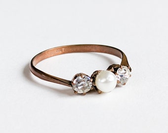 Antique Trilogy Ring, Claw Set Faux Pearl, Sparkly Colourless Paste Stones, Gilt Brass, Edwardian Ladies Ring, Gifts For Her, 1900s, UK Q