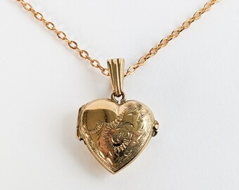 Mini Heart Locket Necklace, 80s Vintage Engraved Jewellery, Rolled Gold, Victorian Revival, Holds 2 Photos, Cute Love Gift, Memory Keepsakes