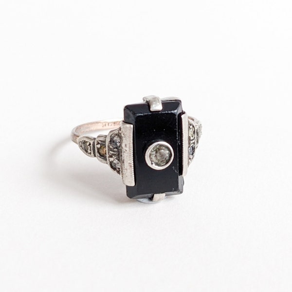 Antique Onyx Ring, Baguette Cut Black Art Deco Statement Ladies Ring, 9ct Gold and Silver, Colourless Paste Stones, 30s Fine Jewellery, UK N