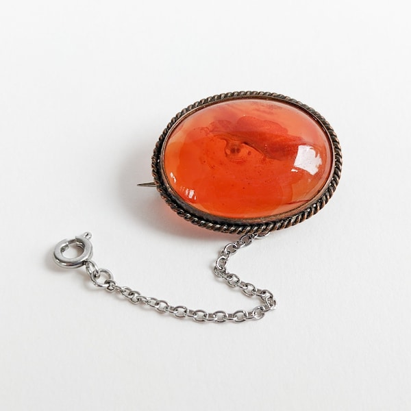 Antique Red Agate Brooch, Small Oval Domed Lapel Pin, Safety Chain, Bronze Rope Bezel Surround, Natural Polished Stone, Victorian Jewellery
