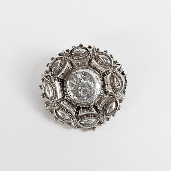 Aesthetic Movement Brooch, 1800s Antique Victorian Pin, Repousse, Silver Clover Leaves, Round Floral Shield, Memento Mori, Lionel Smith & Co
