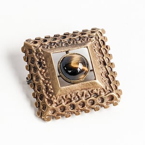 Kalevla Koru Designer Tiger Eye Brooch, Geometric, Bronze Square, Abstract, Pentti Sarpaneva, Finnish Jewellery, Finland, 60s 70s Vintage